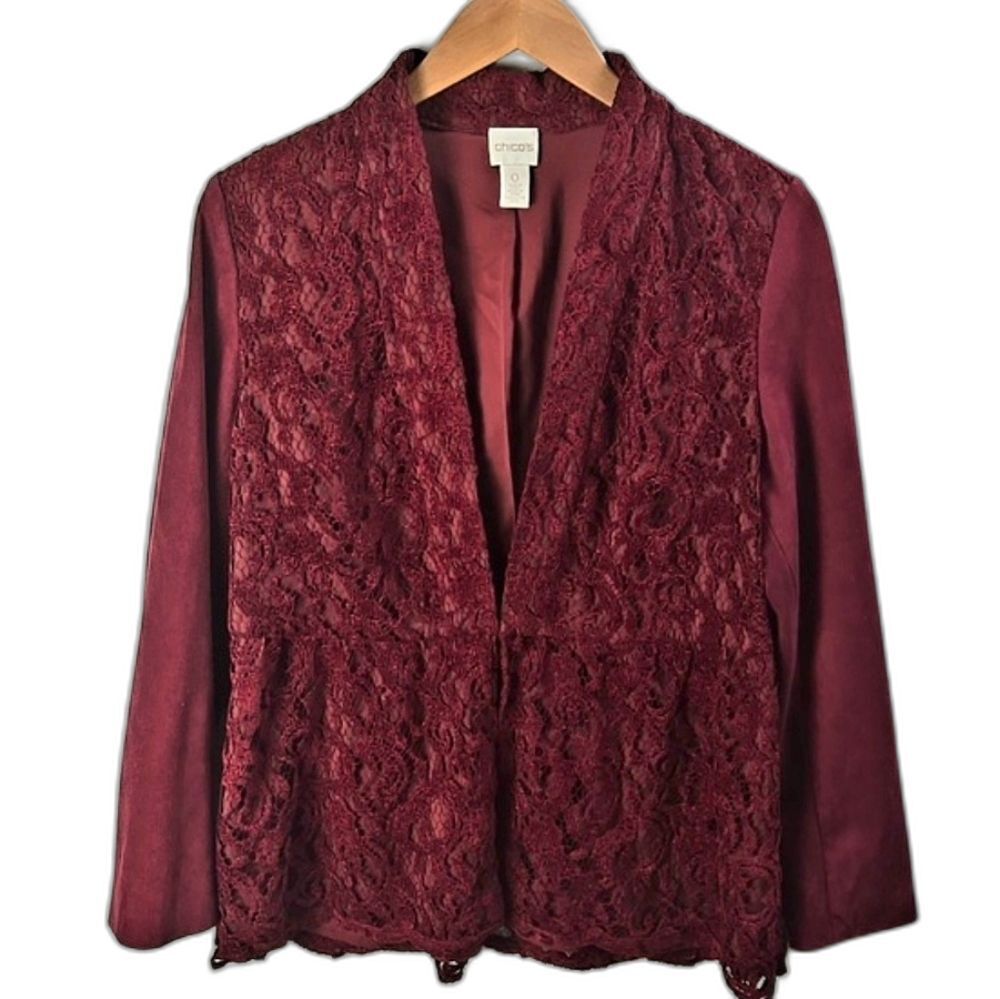 Chico's Burgundy Red Faux Suede & Lace Peplum Jacket Sz S Whimsical Cottagecore‎